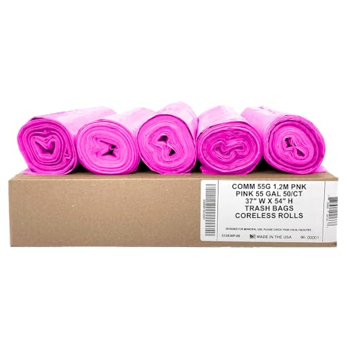 Ultrasac Heavy Duty 55 Gallon Pink Trash Bags - (Value 50 Pack) - 1.5 MIL equivalent Industrial Strength Plastic 37" x 54" for 50-55 Gal Cans -Fits Toter, Rubbermaid Brute, Carlislie Bronco etc. - color: Pink, style: 50-55 Gal, 1.5 Mil Equiv, 50 Count