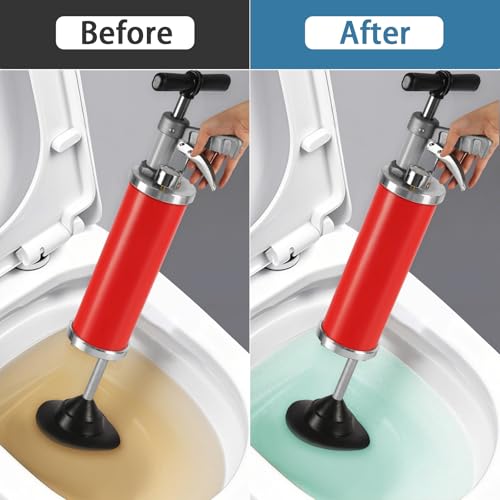 Portable High Pressure Kinetic Toilet Plunger Air Drain Blaster Pump for Bath Toilets Bathroom Shower Kitchen Clogged Pipe (Red) - color: Red