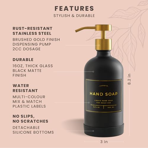 Hand and Dish Soap Dispenser for Kitchen and Bathroom, Set of 2 16 Oz Glass Bottles, Stainless Steel Pumps, Non-Slip Silicone Base, 27 Waterproof Labels (Matte Black Bottle/Brushed Gold Pump) - color: Matte Black Bottle / Brushed Gold Pump
