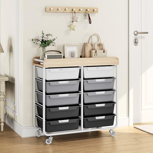 10 Drawers Rolling Cart with Wooden Tabletop, Utility Storage Cart with Wheels, Art Supply Craft Organizer on Wheel with Metal Frame & Handles for Home Office School,Grey - color: Grey