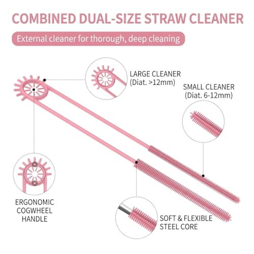 2-in-1 Dual-Ended Silicone Straw Cleaner Brush, Extra Long Reusable Straw Brush for Narrow Metal & Wide Smoothie Straws, Soft Bendable Cleaning Tool for Tumblers, 6mm + 9mm, Pink