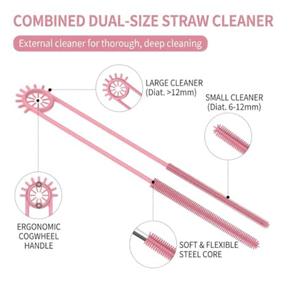 2-in-1 Dual-Ended Silicone Straw Cleaner Brush, Extra Long Reusable Straw Brush for Narrow Metal & Wide Smoothie Straws, Soft Bendable Cleaning Tool for Tumblers, 6mm + 9mm, Pink