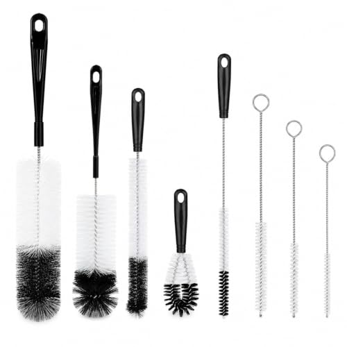 Water Bottle Brush - Heavy Duty Reinforced Core & Stiff Bristles for Narrow Neck Flask | Baby Bottle Cleaner Kit with Long Straw Cleaner, 3 in 1 Cup Lid Gap Tool (8, Black) - color: Black
