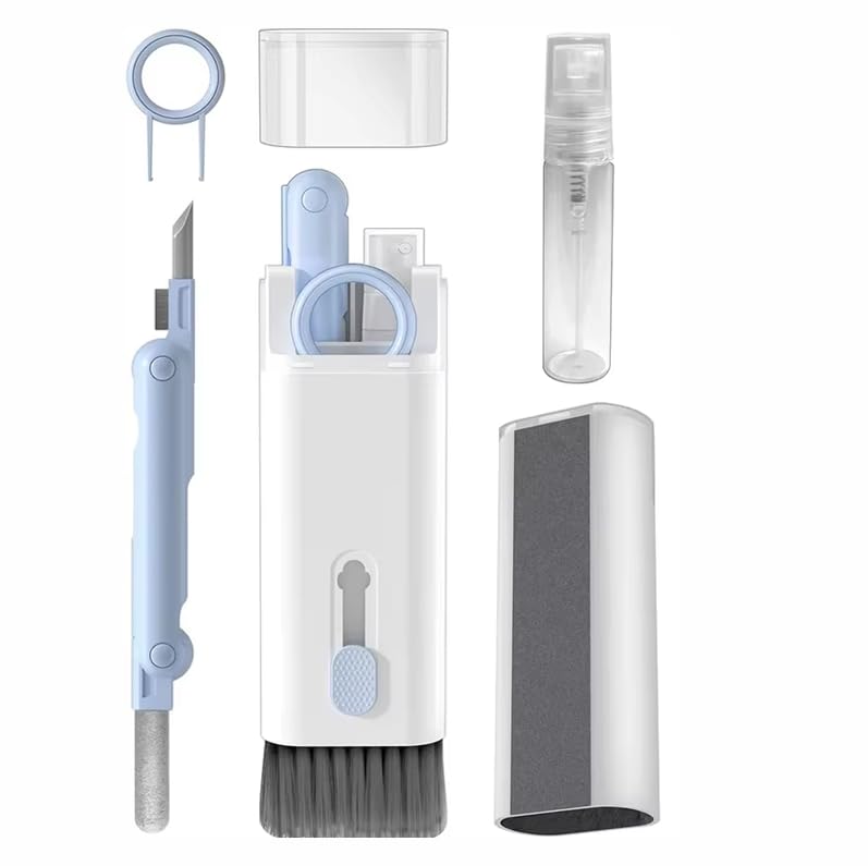 7-in-1 Multifunctional Electronics Cleaning Kit, Portable Keyboard Cleaner with Spray Bottle, Brush, Earbud Cleaner Tool for AirPods, Laptop, Phone, Screen, Camera, Headphones - color: Blue