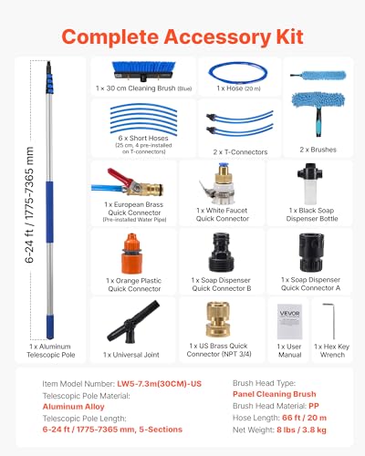 VEVOR Solar Panel Cleaning Kit, 24 ft, Water Fed Pole Kit with Cleaning Brush, Soap Dispenser, Extendable Aluminum Telescopic Pole, 180° Rotatable Brush Head, for Roof Mounted Solar Panels, Windows - size: 24 Ft