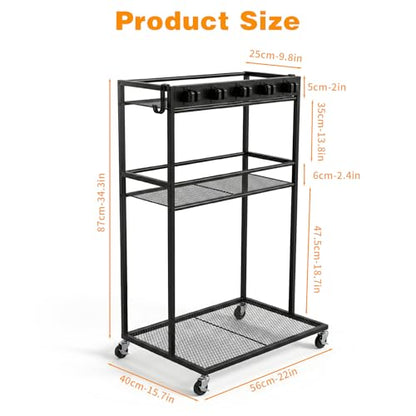 Easy-Assembly Broom Holder Cart for Laundry | Sturdy & Multifunctional Storage Cart, 22" Wide, 300-lb Capacity, Lock-brake Wheels, Holds Vacuum & Steam Mop