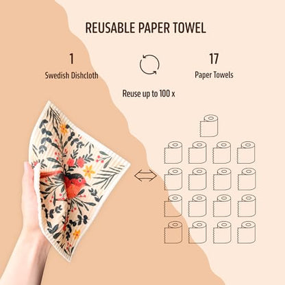 Swedish Dishcloths for Kitchen, 8 Pack Reusable Paper Towels Washable, Super Absorbent Kitchen Towels, No Odor, Biodegradable, Quick Drying, Dishwasher Safe - color: 8 Count- Flowers and Birds