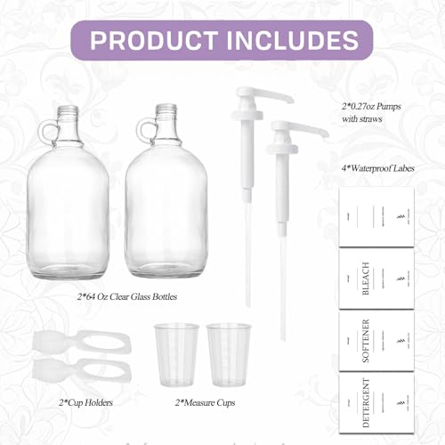 2 Pcs Glass Liquid Laundry Detergent Dispenser with Cup Holders, Half Gallon Dispenser for Laundry Room (64 oz. Each), Laundry Detergent Bottles with Pump Dispenser -Includes Labels, Measuring Cups