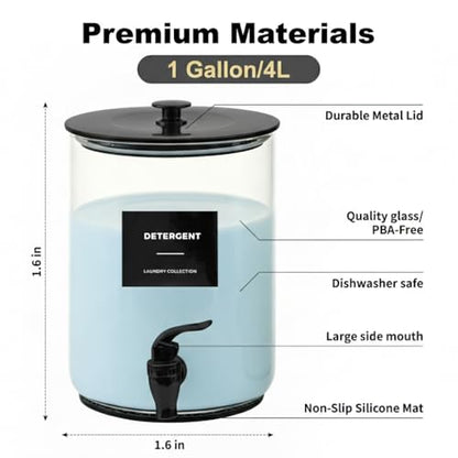 Glass Laundry Detergent Dispenser for Laundry Room Organization, 1 Gallon Large Liquid Soap Dispenser with Black Metal Lid & Leak-Proof Spigot, 2 Measured Cups, 2 Silicone Mats & 9 Labels (2, Black) - color: Black