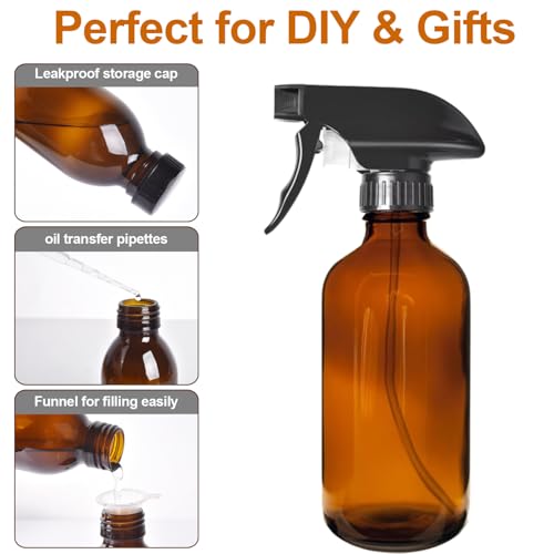 LANBEAUTIFY 8oz Amber Glass Spray Bottles - 2 Pack Empty Refillable Bottles for Cleaning, Hair Care, Essential Oils, Plants - Includes Durable Nozzle, Labels, Funnel & Dropper, Handheld Size