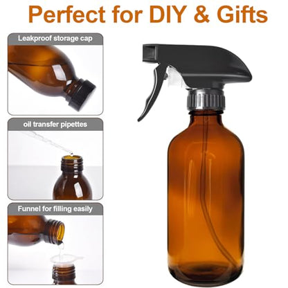 LANBEAUTIFY 8oz Amber Glass Spray Bottles - 2 Pack Empty Refillable Bottles for Cleaning, Hair Care, Essential Oils, Plants - Includes Durable Nozzle, Labels, Funnel & Dropper, Handheld Size