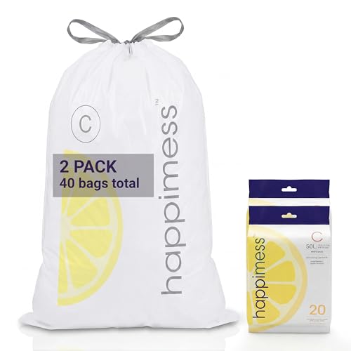happimess 13.2 Gallon (50L) Drawstring Trash Bags, Lemon Scent, White, Heavy Duty MDPE Liners for Kitchen and Household, Odor Control, Custom Fit 40 Count (3-Packs of 20 Liners) HPM3100C-W-2SET - color: White (Lemon Scented), size: 40 Count (Pack of 1)