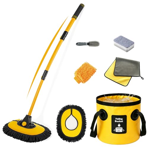 7-in-1 Car Wash Kit with 20L Collapsible Bucket, 15° Curved Mop with 40.5" Long Handle, 0.84mm Reinforced Aluminum Pole, Professional Car Cleaning Supplies for SUV, Trucks & RVs-Yellow. - color: Yellow