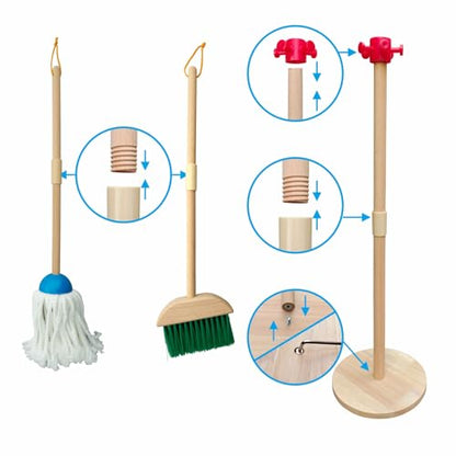 Kids Cleaning Set, 8 Pack Wooden Housework Cleaning Includes Broom Mop Duster Dustpan Brushes Rag and Organizing Stand, Solid Beech Wood , Cleaning Toys Gift for Toddlers Girls Boys Age 3-8