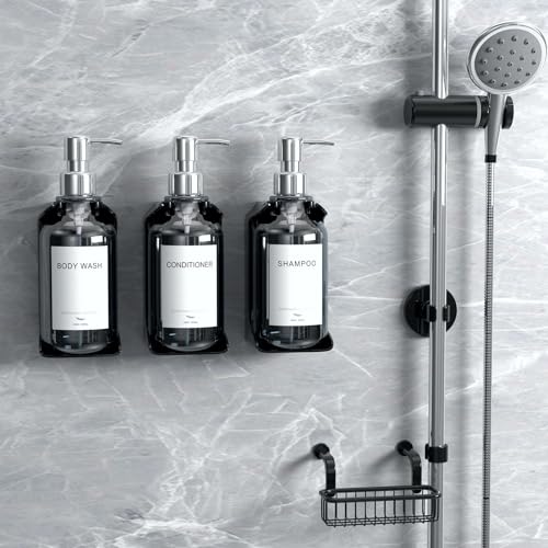 Stylish Shampoo and Conditioner Dispenser - Shower Soap Dispenser Wall Mounted - 16 oz Set of 3 Plastic Clear Bottles with Silver Pumps - Modern Shower Dispenser, Shower Shampoo Dispenser 3 Chamber - color: Clear