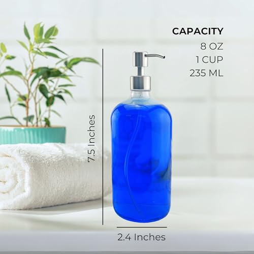Cornucopia Brands 8oz Clear Glass Bottles w/Stainless Steel Lotion Pumps (4-Pack); Liquid Soap & Lotion Pump Dispensers - size: 4 Count (Pack of 1)