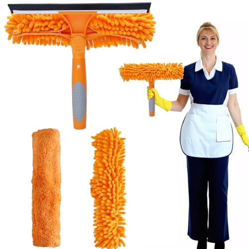 2 in 1 Window Washing Squeegee & Duster with 2 Pad Compatible with Standard 3/4 Inch Threaded Poles for Home Indoor Outdoor Window Washing/Duster Head Only (Orange)