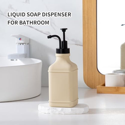 Enra Glass Soap Dispenser with Clear Window,12oz Matte Stainless Steel Hand Pump Dispenser,Hand and Liquid Soap Dispenser Rust Proof Countertop Lotion Bottle (Beige-Square-Liquid) - color: Beige-square-liquid
