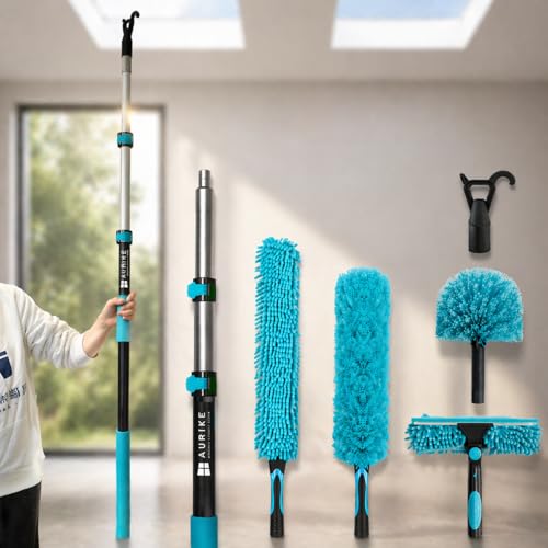 High Ceiling Duster Kit with 3-8FT Heavy Duty Extension Pole, Reaches Up to 13FT, Includes Microfiber Feather Duster, Cobweb and Ceiling Fan Duster, Window Squeegee Cleaner & Skylight Hook (8FT) - size: 8FT