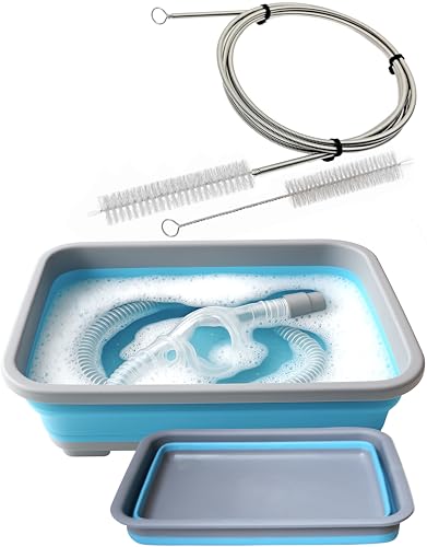 Hose and Mask for CPAP Cleaning Brush with Collapsible Wash Basin Bucket Tub - Essential Care Kit for CPAP Users, Suitable for 7 Feet Tubing and 22mm 19mm Diameter (Standard Set Basin & Brush)