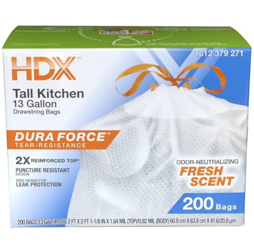HD-Tall Kitchen trash, Drawstring Bags, 13 Gallon, Dura Force Tear-Resistant, Fresh Scent, 200 Count