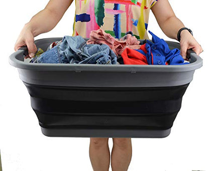 SAMMART 41L (10.8 gallon) Collapsible Plastic Laundry Basket - Foldable Pop Up Storage Container/Organizer - Portable Washing Tub - Space Saving Hamper/Basket, (Rectangular, Grey/Black) - color: Grey/Black