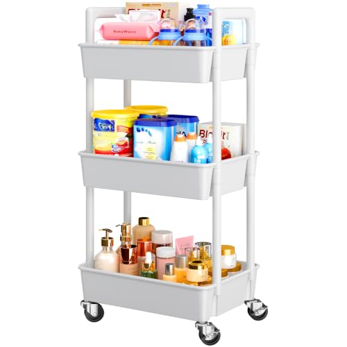 Pipishell 3 Tier Rolling Cart Organizer, Plastic Rolling Cart with Lockable Wheels & Reinforced Handle, Lightweight Utility Cart Storage Cart for Nursery, Kitchen, Bathroom, Craft Room, White, PIUC14W - color: White, size: 3-Tier