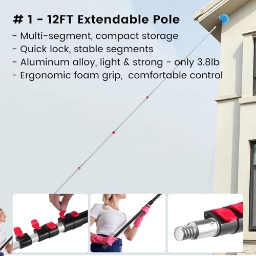 20FT High Reach Cleaning Kit - Includes 12FT Telescoping Extension Pole Bendable Chenille Duster & Microfiber Duster Cobweb Duster Glass Scrubber & Squeegee Swivel Head - for Ceiling Fans Windows - size: 12ft+5PC-kit1