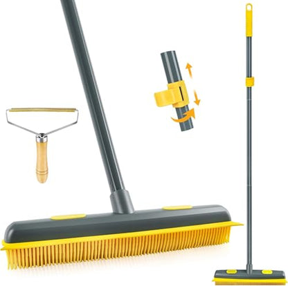57.5-Inch Extended Handle Rubber Pet Hair Broom - Silicone Carpet Rake with Lint Remover & Built-in Scraper, Perfect for Floor, Tile & Carpet Cleaning