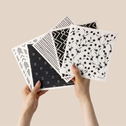 RECYCO Swedish Dishcloths for Kitchen | 5 Pack Geometric Washable Dish Rags | Cellulose Reusable Cleaning Paper Towels | Absorbent Counter Dish Cloth Sponge Kitchen Wipes, 8" L x 7" W - color: Geometric