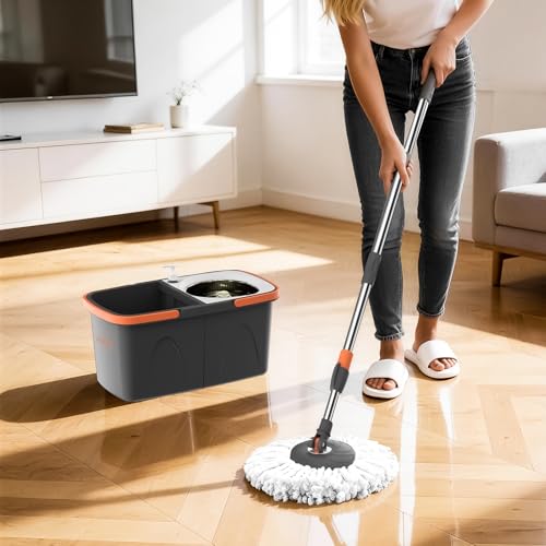Spin Mop and Bucket Set with Wringer, Stackable Floor Mop System | Hands-Free Wringing, Stackable Storage Bucket, 360° Spin Mop Head, Washable Mop Heads