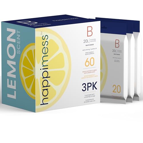 happimess 5.3 Gallon (20L) Drawstring Trash Bags, Lemon Scent, White, Heavy Duty MDPE Liners for Kitchen and Household, Odor Control, Custom Fit 60 Count (3-Packs of 20 Liners) HPM3100B-WHITE - color: White (Lemon Scented), size: 60 Count (Pack of 1)