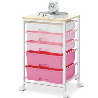 SYKIARIOL Utility Cart with 5 Drawers,Storage Drawer Cart with Wooden Tabletop and Lockable Wheels,Craft Storage Trolley Cart,5-Tier Rolling Utility Cart on Wheels,Rose Pink - color: Rose Pink