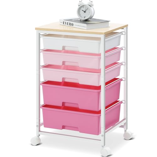 SYKIARIOL Utility Cart with 5 Drawers,Storage Drawer Cart with Wooden Tabletop and Lockable Wheels,Craft Storage Trolley Cart,5-Tier Rolling Utility Cart on Wheels,Rose Pink - color: Rose Pink