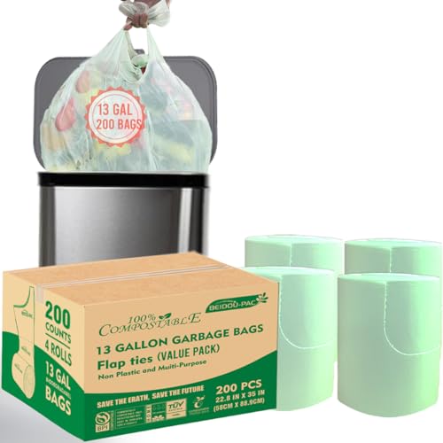 BEIDOU-PAC 13 Gallon Flap Tie Compostable Trash Bags, 200 Count, Compost Bags Tall Kitchen Trash Bags, Sturdy Garbage Bags Food Scrap Waste Bags, ASTM D6400, US BPI Certified, Green - style: Flat ties | 13 Gallon | 200 Count