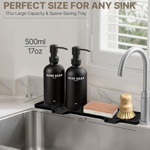 Kitchen Soap Dispenser Set, Kitchen Sink Organizer with Self Draining Silicone Tray, 2 x 17oz Glass Soap Dispensers, Stainless Steel Pumps, Bamboo Brush & Sisal Sponge - Black - color: Black Bottle + Black Pump