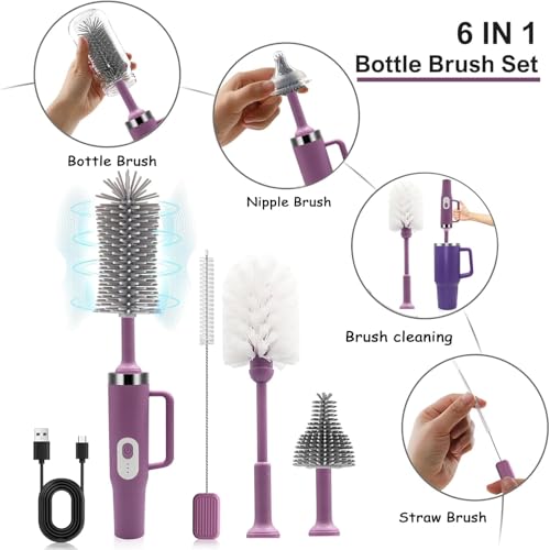 5 in 1 Electric Bottle Brush Cleaner Compatible Stanley Bottle Brush Straw Cleaner Multifunction Rechargeable IPX6 Waterproof Extra Long Design for Stanley Cup, Sports Bottle and More (Purple-1) - color: Purple-1