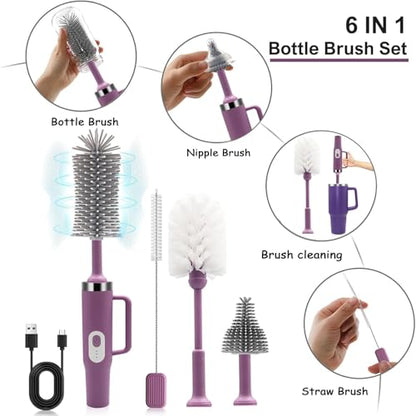 5 in 1 Electric Bottle Brush Cleaner Compatible Stanley Bottle Brush Straw Cleaner Multifunction Rechargeable IPX6 Waterproof Extra Long Design for Stanley Cup, Sports Bottle and More (Purple-1) - color: Purple-1