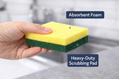 Full Size Dual-Sided Heavy Duty Cleaning Sponges – 40 Pack - Yellow Foam & Green Non-Scratch Scrub Pad – Individually Wrapped Commercial Dish & Surface Sponges for Kitchen, Restaurant & Janitorial Use