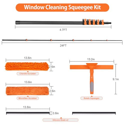 Window Washing Kit with Extension Pole 4.7 to 24FT, Long Squeegee for Window Cleaning Indoor Outdoor, Carbon Fiber Telescopic Pole for Window Cleaner Tool with Microfibre Pad & Chenille Cloth - size: 24 FT
