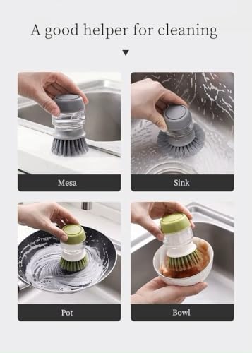 Soap Dispenser Palm Dish Brush with Storage Bracket – Drainage Base, Easy-to-Clean Kitchen Utensil Cleaner | Includes Extra Soft Bristle Brush Head (Gray) - color: Gray
