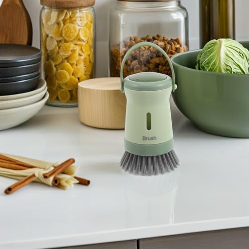 Gadpiparty Soap Dispensing Kitchen Dish Brush with Handle for Pot Pan Sink Cleaning, Non-Scratch Scrub Brush with Built-in Soap Dispenser, in Fresh Green