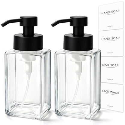 Foaming Soap Dispenser, 12oz/350ml Glass Foaming Hand Soap Dispenser Set, 2Pcs Refillable Foam Soap Dispenser With Foaming Pump, Labels, Square Foam Soap Hand Dispenser For Bathroom, Kitchen - color: Clear