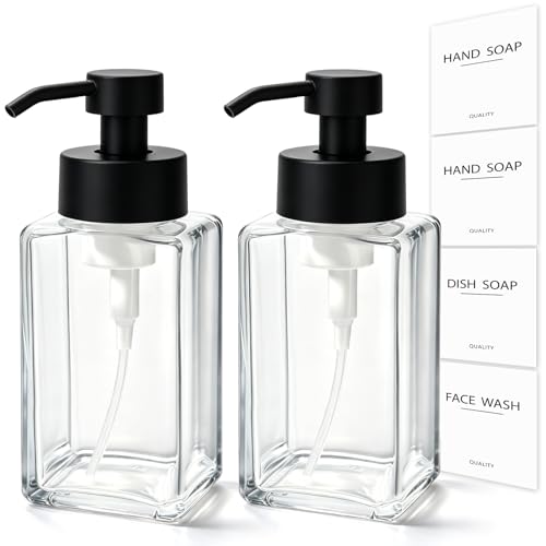 Foaming Soap Dispenser, 12oz/350ml Glass Foaming Hand Soap Dispenser Set, 2Pcs Refillable Foam Soap Dispenser With Foaming Pump, Labels, Square Foam Soap Hand Dispenser For Bathroom, Kitchen - color: Clear