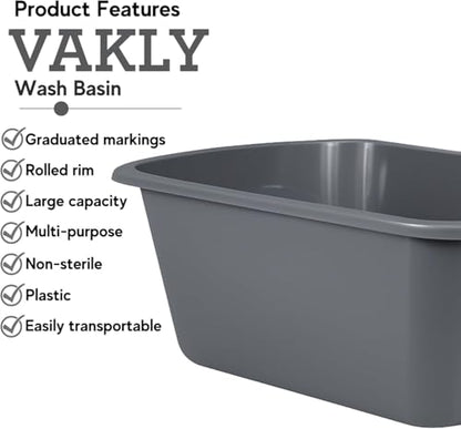 Vakly Wash Basins – Rectangular Plastic Hospital Bedside Soaking Tub (Pack of 5) Small 7 Qt Graduated Bucket - Portable Washbasin for Washing, Cleaning, Foot Bath, Dishes, Face Cleansing Bowl (5)