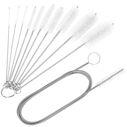 CiaraQ 11-Piece Tube & Pipe Cleaning Brush Set – 10 Rigid Brushes 1/16"-1" + 60" Flexible Wand Brush, Medium-Stiffness Nylon – for Drains, Guns, Coffee & Labs - color: White+white, size: 8.0 Inch & 60 Inch