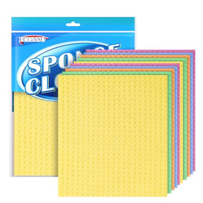 10 Pack Swedish Dishcloths, Natural Cellulose & Cotton Cleaning Cloths, Reusable, Washable & Super Absorbent for Kitchen and Bathroom