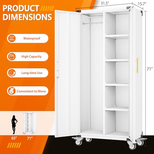 Broom Closet Storage Cabinet, Metal Cleaning Cabinets with Hanging Rod and S-Hooks, Lockable Tool Cabinets, Utility Cabinet for Garden, Bathroom, Laundry Room, White - color: White