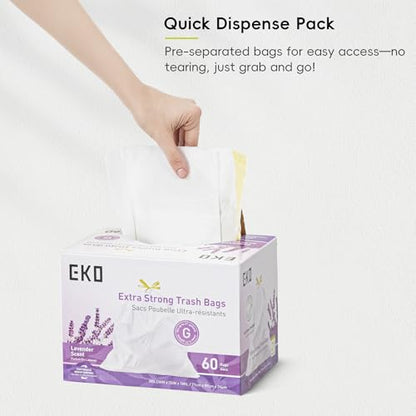 EKO 21 Gallon / 50-90 Liter, 60 Count Drawstring Trash Bags, Extra-Strong Garbage Bags, Lavender Scent with Continuous Odor Control, Easy-Dispense Roll for Kitchen and Household Use, Code G, White - size: 60 Count (Pack of 1), style: 21 Gallon Bags/Code G