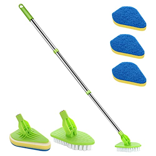Scrub Cleaning Brush with Long Handle 35'' - Extendable Floor Scrubber with 1 Stiff Bristles & 3 Sponge Brush, Adjustable Lightweigh Detachable Kitchen Brush for Baseboard Shower Bathroom Bathtub Tile